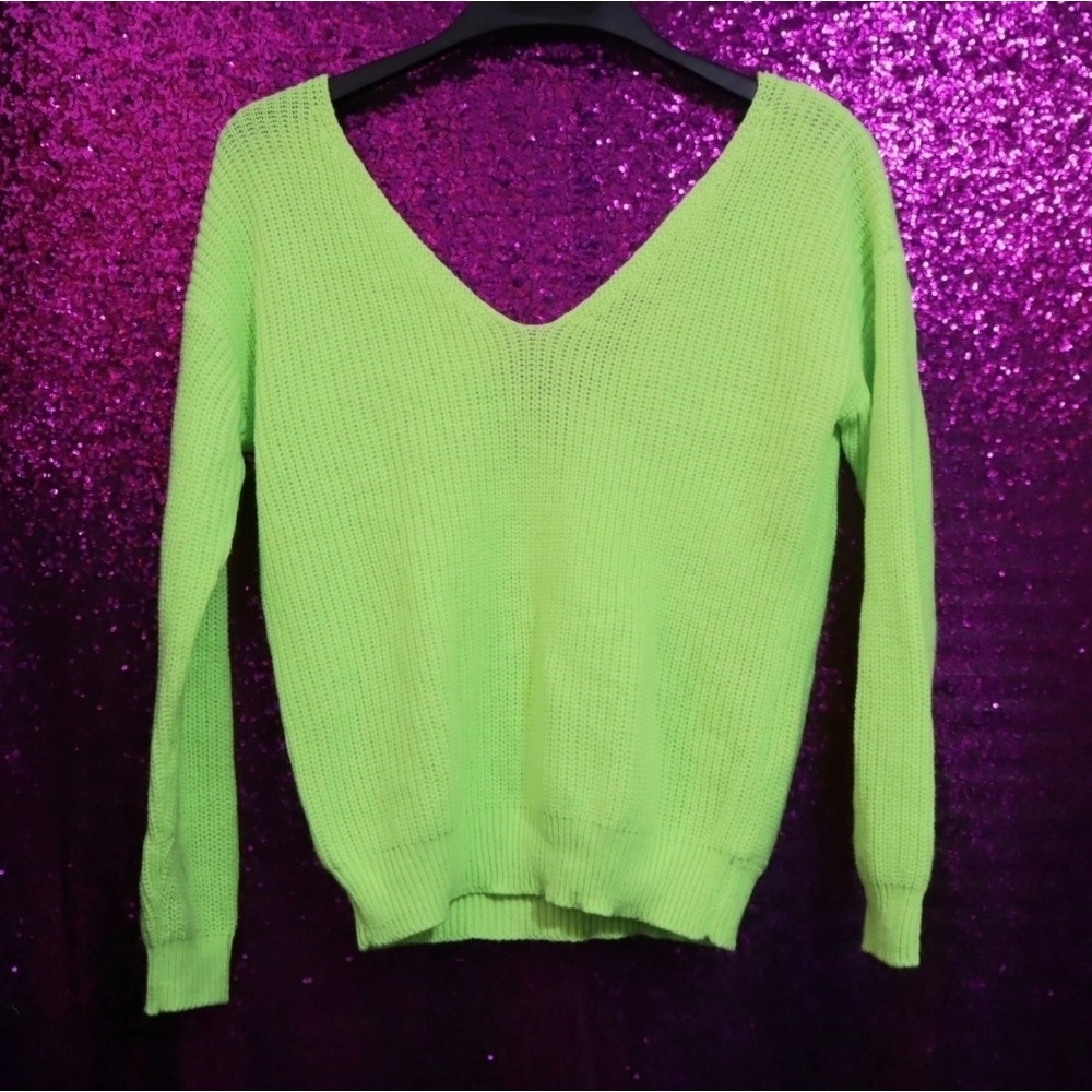 Lulus Neon Green Reversible V-Neck Surplice Wrap Knit Sweater XS Spring St. Pats - Picture 4 of 10